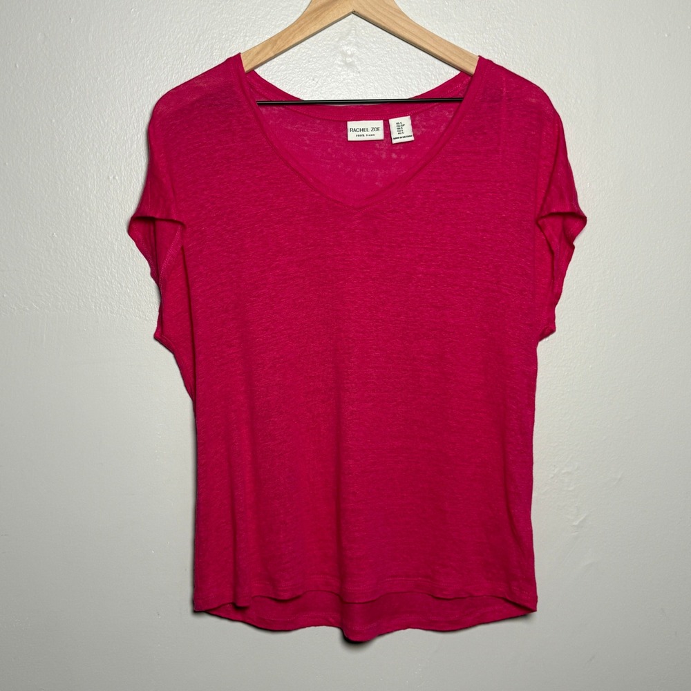 Rachel Zoe Womens Linen T-Shirt S Pink V-Neck Relaxed Oversized Vacation Resort